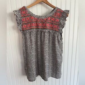 THML Top Size XS - Black and White Leopard with Pink Floral Embroidery - EUC